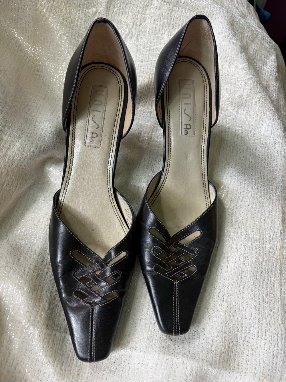 Vintage Unisa Black Pointed Leather D'Orsay Heels with Cutout Detail